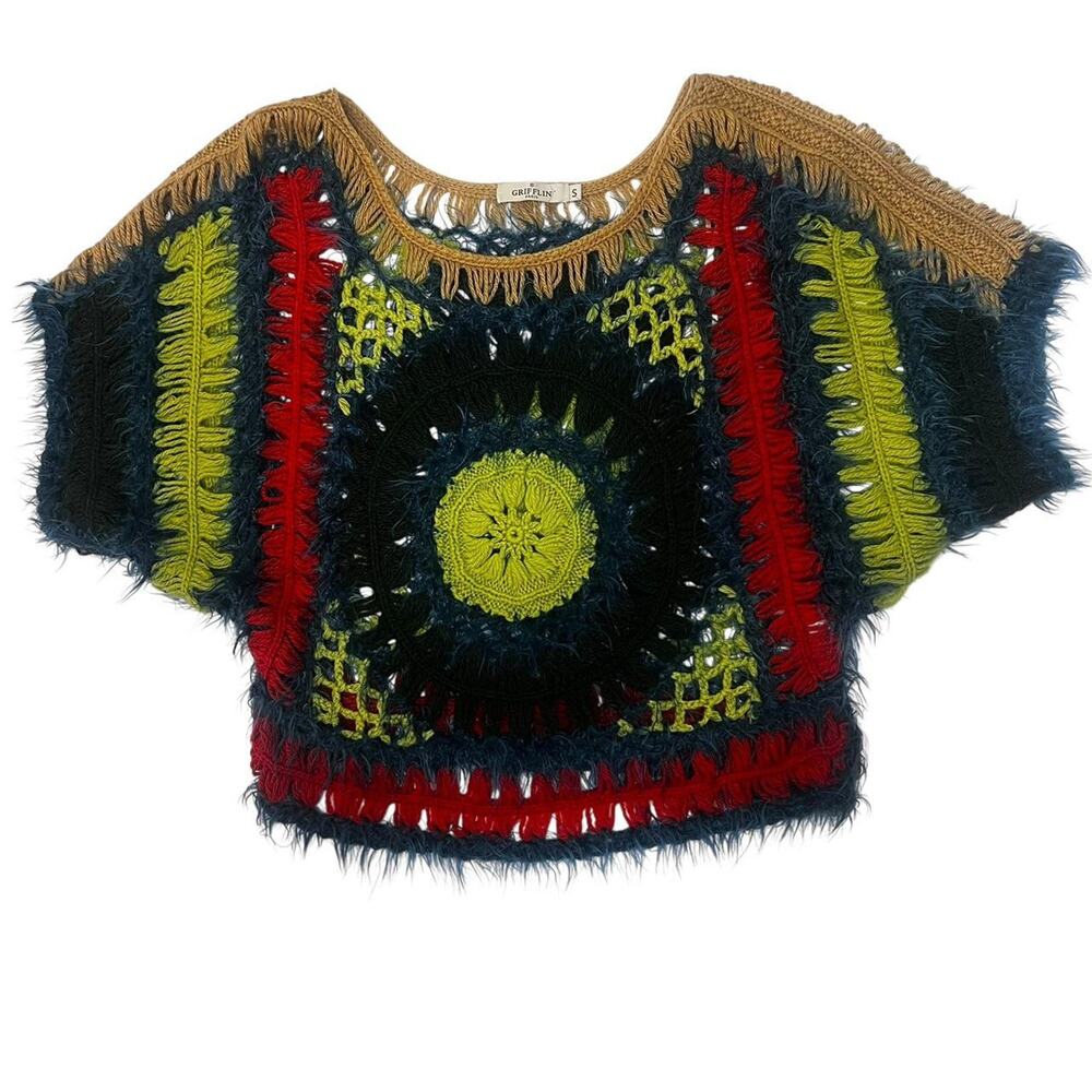 Grifflin Paris Y2K Boho Granny Crochet Sweater Fuzzy Patchwork Knit | Small